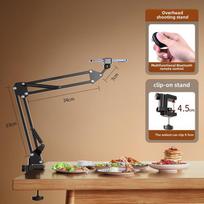 Profesionalus telefono stovas virš galvos su užpildymo šviesa tiesioginėms transliacijoms, stalo įrašams, vlogams ir knygų fotografijai Clip-on bracket + remote control beige