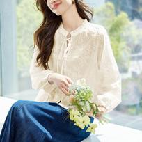 Black Fungus Collar White Shirt for Women Long Sleeve Summer Cotton Embroidery Hollow Top for Women Embroidered Shirt XXL white