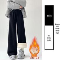 Women's Plus Size Herringbone Fleece-Lined Wide-Leg Pants, M-6XL, Autumn/Winter, High-Waisted, Thick, Casual, Straight M white