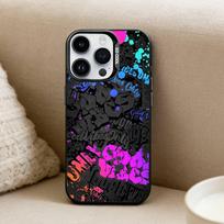 Šaunus spalvingas grafiti telefono dėklas, skirtas iPhone 17, 16, 15, 14, 13, 12 Pro Max, juodas, saldainio matinės tekstūros, atsparus smūgiams dangtelis iPhone17PRO