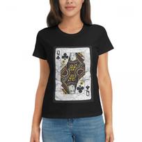 Women TShirt Playing Cards Queen Clubs distressed Design Short Sleeve Tees Round Neck Cotton T Shirts Clothes Tops Streetwear 2XL black