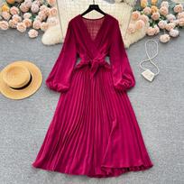 KOSY Autumn Women Vintage Pleated Midi Dress Elegant V-Neck Puff Long Sleeve High Waist A-Line Red Green Dresses One Size