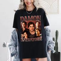 Damon Salvatore Pattern Printed T shirt for Women's TV Drama Top Spring/Summer Men Cotton Short Sleeve Unisex T shirt 110 black