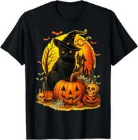 Retro Helovino Juodas Katas Ragana ir Moliūgas Unisex Marškinėliai S-5XL XL black