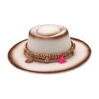 Personalized Fringed Lace Decorative Cowboy Top Hat Dome Gradual Change Big Brim Jazz Hat Retro Woolen Felt Hat One size [m domed top] beige