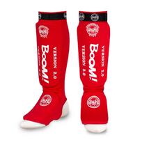 1 Pair Shin Instep Pads MMA Muay Thai Kick Boxing Leg Foot Protector Hook Loop Durable Lightweight L raudona