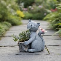 Outdoor Cat Statue with Solar Light | Resin Construction, luminous floral Detail, yard gray