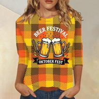 Women's Casual Plaid Three Quarter Sleeve Top Beer Festival Oktober Fest Graphic Print Round Neck Blouse M geltona