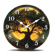 Majestic Oak Tree under Full Moon Round Wall Clock, Nature-Inspired Decorative Timepiece for Office or Home, Tranquil Scene Art 10 inch yellow