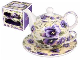 Carmani, Tea for One teapot with cup and saucer - purple pansies