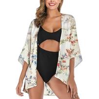 Moteriški šifono gėlėto rašto kimono laisvi pusrankoviai skara megztiniai. XL balta