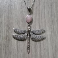 Bohemian Pink Crystal Quartz Dragonfly Pendant Long Necklace gray