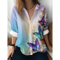 Women's Long Sleeve Casual Shirt with Vibrant Butterfly & Floral Print - Lightweight Polyester, Machine Washable XL gray