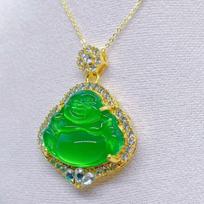 Pendant New Chinese Style Green Stone Laughing Buddha Surrounded by Zircon Men and Women Buddha Necklace 50CM gray