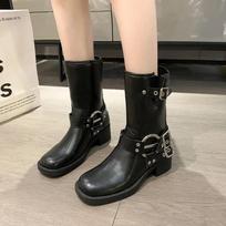 Retro Cowboy Women Mid Calf Western Female Long Belt Buckle Autumn Shoes Knight Booties Botas Mujer55 Platform Zapatos Trafza 38