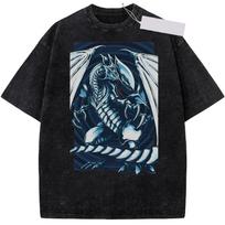 Anime Yu Gi Oh Blue-Eyes White Dragon Manga T Shirt For Men Clothing Vintage Washed Oversized Casual Cotton Streetwear T-shirt S white