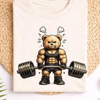 Bodybuilder Bear Shirt Cute Strong Teddy Lifting Weights Tee, Gym Workout Cartoon Graphic Top, Fitness Lover Gift, Powerlifting Illustration 100 beige