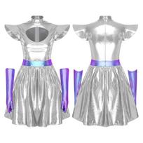Adult Women Silver Astronaut Costume Alien Tutu Dress Suit Space Cadet Leotards Dress for Halloween Cosplay Theme Party Dress-up S white