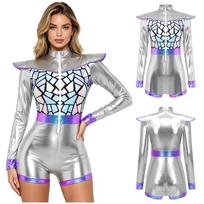 Adult Women Silver Astronaut Costume Alien Tutu Dress Suit Space Cadet Leotards Dress for Halloween Cosplay Theme Party Dress-up S gray