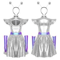 Adult Women Silver Astronaut Costume Alien Tutu Dress Suit Space Cadet Leotards Dress for Halloween Cosplay Theme Party Dress-up S white