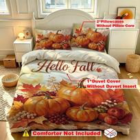 3 Pcs Hello Fall Duvet Cover Set Pumpkin Maple Leaf Print Thanksgiving Cozy Bedding Set for Bedroom Living Room 135x200 white