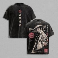 Kyoraku Shunsui Anime BLEACH T-shirt Vintage Washed Fashion T Shirt Summer Short Sleeve Cotton Tees Tops Men Women Clothing L black