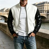 Men's Knit Color Block Jacket with Leather Sleeves and Ribbed Hem XL balta