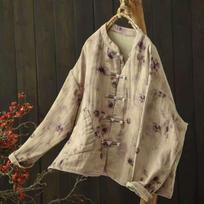 Johnature Autumn Chinese-Style Vintage Frog Button Printed Cardigan Stand Collar Long Sleeves coats One size fits all