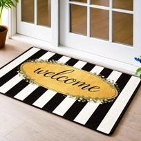 Black White Striped Welcome Floral Door Mat Non Slip Entrance Doormat Greenery Wreath Letter Pattern Floor Rug 40X60CM yellow