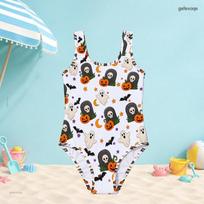 Girls Scoop Neck Wide Straps Sleeveless One Piece Swimsuit White Halloween Printed 140