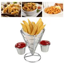 with Sauce Cup French Fry Cone Holder Iron Fries Baskets Durable Fries Display Stand  Buffet Party Two Cups