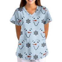 Women's Christmas Print Loose Fit V-Neck Short Sleeve Scrub Top with Pockets for Work M dangaus mėlyna spalva