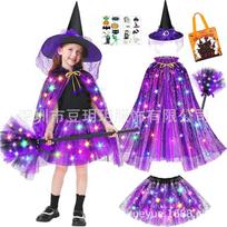 Girls Witch LED Cape Tutu Full Set, Broom Accessory Halloween Cosplay Stage Role Play Outfit One size fits all violetinė