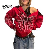 Rudens Drabužiai Moterims Hoodies Voratinklio Spausdinimo Punk Striukės Streetwear Gotikinio Stiliaus Hoodie Vintage Užtraukiama Su Gobtuvu Striukė Žiemos Megztinis XL raudona