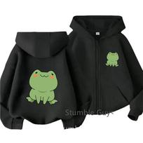 Simple Blush Green Frog Front Back Graphic Zip Up Hoodie For Kids Boys Girls Long Sleeve Soft Cute Cartoon Casual Autumn Jacket 160 black