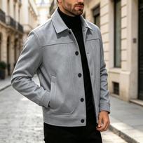 Men's Vintage Button-Front Jacket with Lapel Collar, Short Woolen Coat for Spring and Fall XXL šviesiai pilka spalva