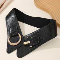 PU Leather Suede Belt Adjustable Wide Waistband Retro Elastic Cummerbunds  Ladies Style C PU Black white
