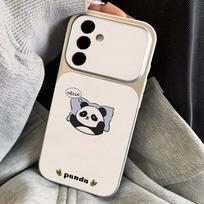 Cute Cartoon Panda Leather Lanyard Case For Samsung S26 S25 Ultra S24 S23 S22 Plus S21 FE A16 A17 A26 A36 A37 A54 A55 A56 A57 5G Cover Samsung A56 5G gray