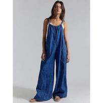 Casual Loose Vintage Washed Straight Leg Denim Overall Jumpsuit M tamsiai mėlyna spalva