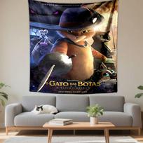 El Gato con Botas Tapestry Wall Hanging, Puss in Boots Spanish Poster Art, Animated Cat Wall Decor for Kids Bedroom 150x200cm(59x78in)