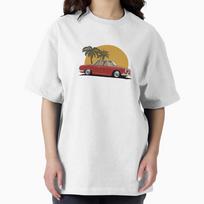 Red Karmann Ghia Type 34 Razor with palm tree sunset background Oversized T-Shirt S white
