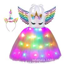 LED Light Up Rainbow Unicorn Princess Tutu Dress, Girls Halloween Birthday Gift Party Cosplay Outfit Pink 130cm blue