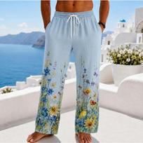 Men's 3D Floral Printed Baggy Casual Trousers,  Elastic Drawstring Waist with Pockets, for Spring Summer Home Outdoor Vacation XL šviesiai mėlyna spalva