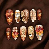24PCS Fall Brown Almond Press on Nails 3D Pumpkin Maple Leaf Cute Gingerbread Man Acorn Plaid False Nails Autumn Fake Nails Tips brown