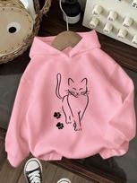 Kids Casual Sketch Style Hoodie Elegant Cat Paw Graphic Pullover Autumn Winter Fleece Warm Soft Children Hooded Sweatshirt 120
