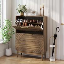 Mid-Century Walnut-Grain Narrow Shoe Cabinet,Geometric Embossed 2 Tilt-out Drawers with Gold Handles for Entryway Hallway