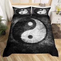 Yin Yang patalynės užvalkalų komplektas Boho Trippy Psichodalinio meno antklodės užvalkalas Gossip patalynės komplektai Tradicinis Ying Yang temos pledas 90x200cm-2pcs black