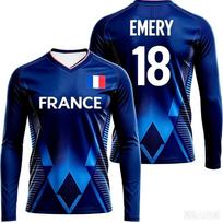 France National Long Sleeve Football Jersey, V-Neck Quick Dry Breathable Casual Plus Size Sports Tee Unisex 2XL