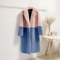 Winter Loose Mink Fleece Imitation Leather Stitching Mid-length Coat Fluffy Suit Collar Women's Coat XS