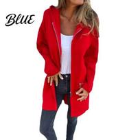 Zipper Pockets Coat Women Jacket Windbreaker Style Hooded Drawstring Waist Zippered Solid Color Zip-up Thermal XXXL raudona